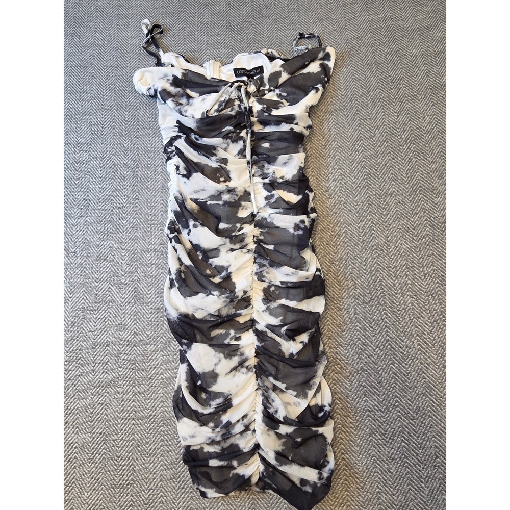 Cotton Candy LA Bodycon Mini Dress Women's Small Black White Tie Dye Mesh Ruched